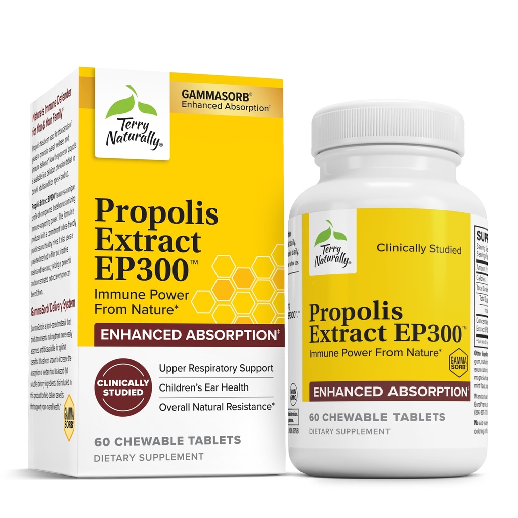 Terry naturligt Propolis Extract EP300 - Øvre luftveje og immunsystem Support - Non- GMO med Bee Propolis Extract - Child & Voksen Supplement - 60 tyggetabletter