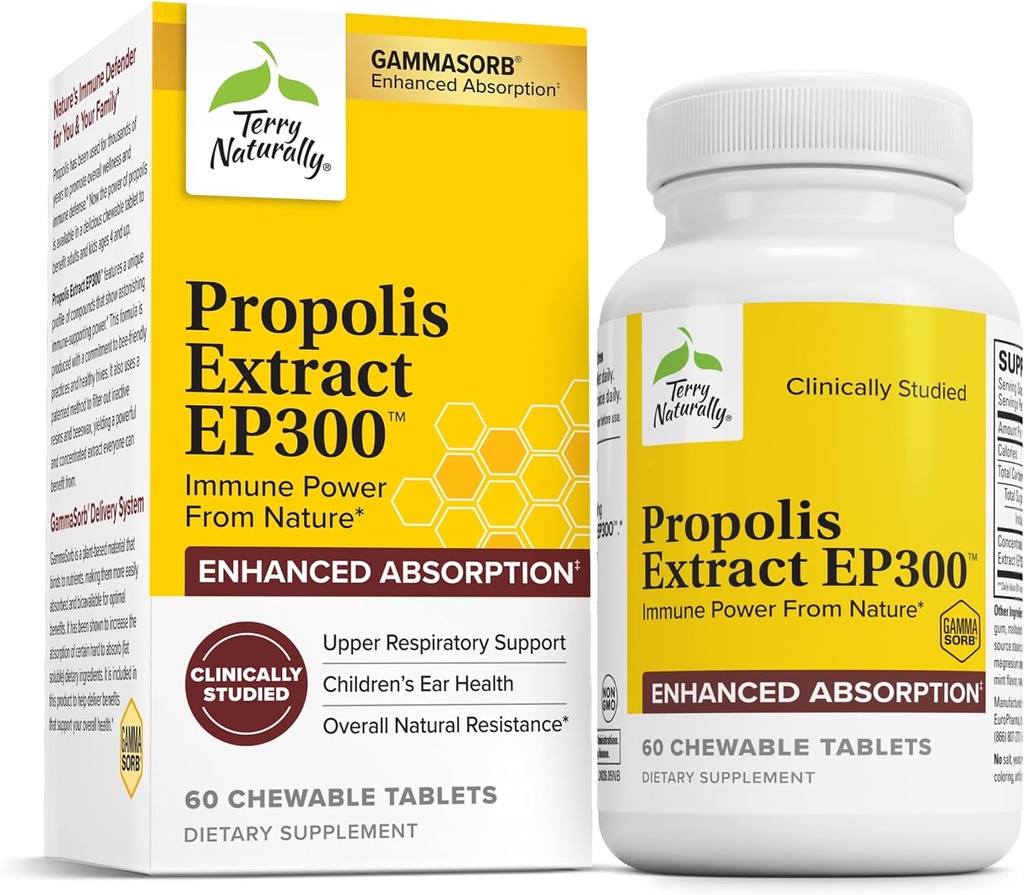 Terry naturligt Propolis Extract EP300 - Øvre luftveje og immunsystem Support - Non- GMO med Bee Propolis Extract - Child & Voksen Supplement - 60 tyggetabletter