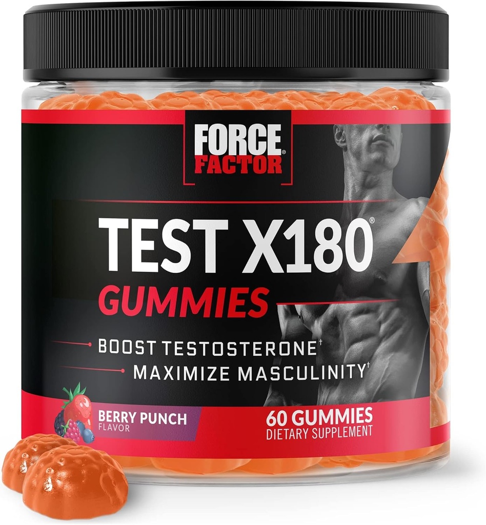 Force Factor Test X180 Gummies Testosteron Booster for mænd med Tongkat Ali, Horny Geat Weed, Tribulus Terrestris, Bukkehorn, & Black Maca, Supplement Mænd, Berry Punch, 60 Gummies, 1-Pack