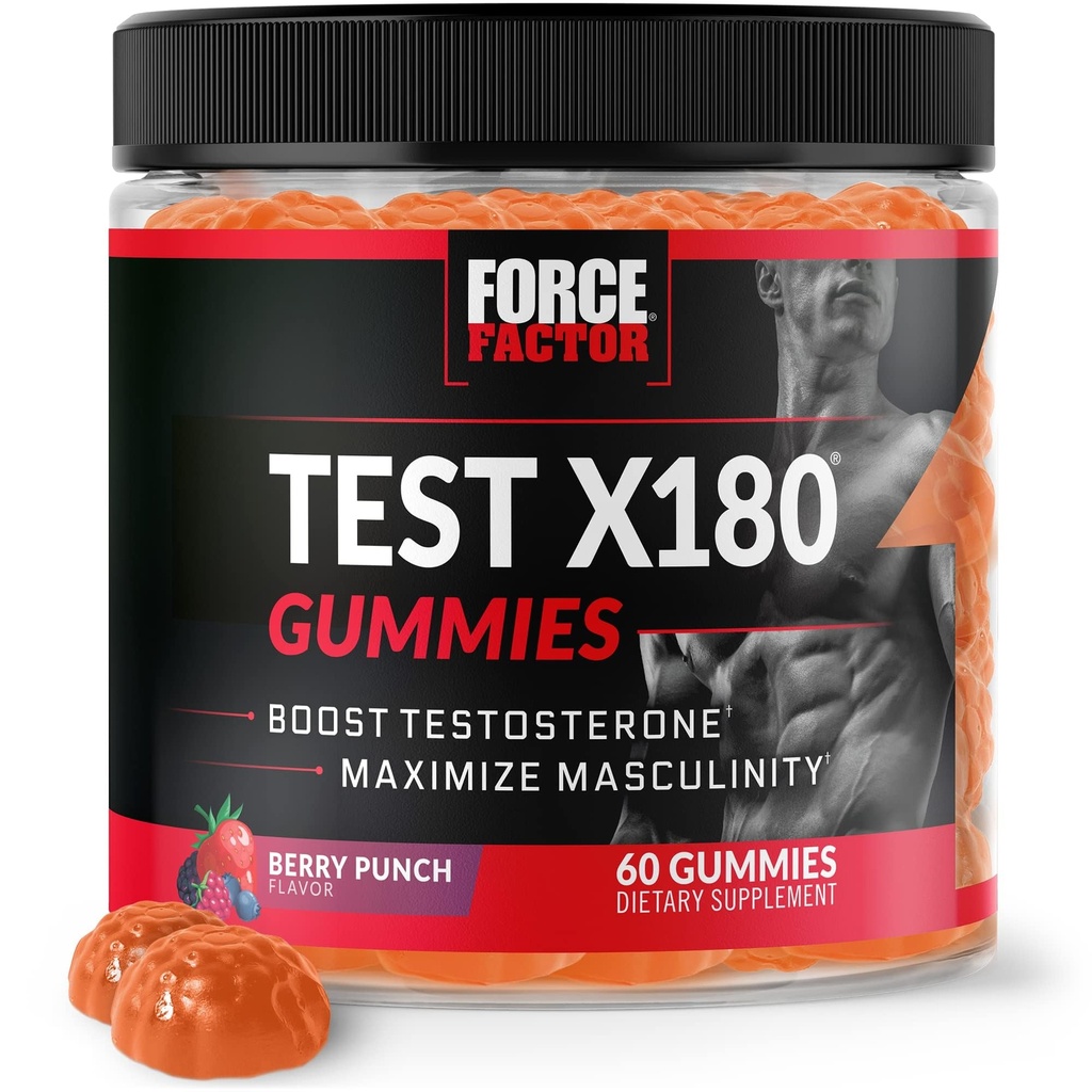 Force Factor Test X180 Gummies Testosteron Booster for mænd med Tongkat Ali, Horny Geat Weed, Tribulus Terrestris, Bukkehorn, & Black Maca, Supplement Mænd, Berry Punch, 60 Gummies, 1-Pack