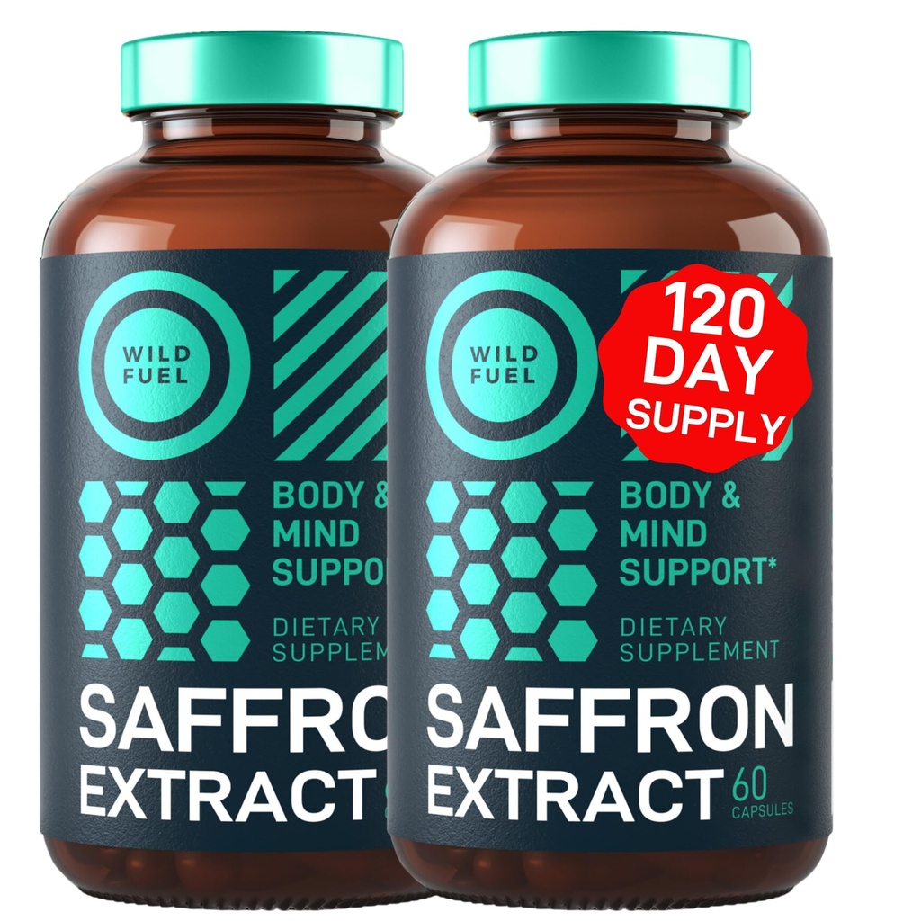 WILD FUEL Pure Saffron Extract Antioxidants Supplement - Eye Health, Energy and Mood Support Happy Saffron - 0,3% Safranal 88.5mg Kosttilskud -120 dag Glutenfri, ikke-GMO Vegan Saffron kapsler