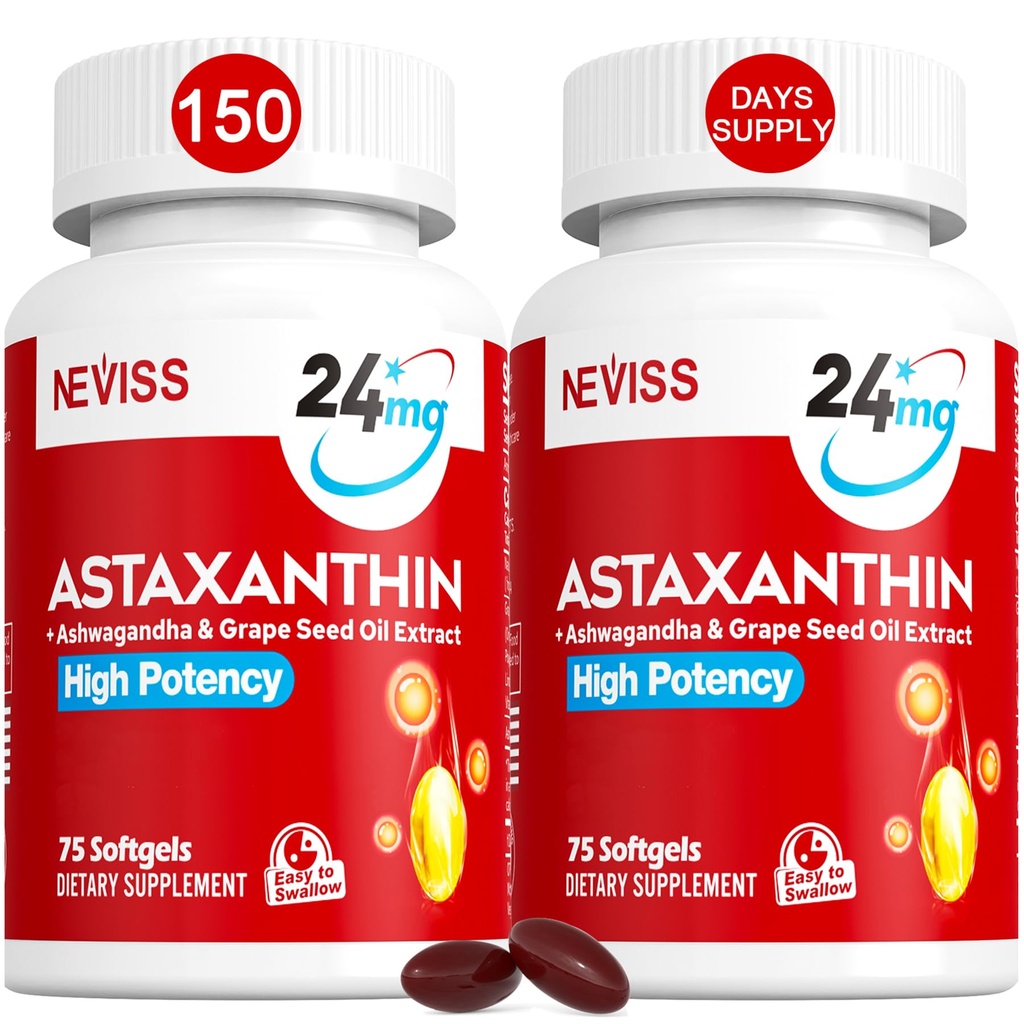 Astaxanthin Supplements 24mg, 5 Month Supply - Coconut MCT Olie, Friske Mikroalger Kilde w / Grape Seed Oil, Ashwagandha - Antioxidanter til sund hud, øjne, Aging - Non-GMO & Gluten Free, 150 Softgels