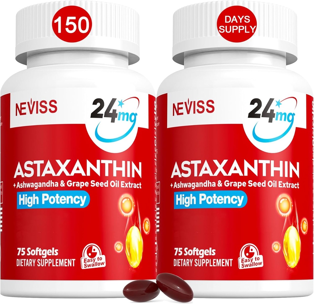 Astaxanthin Supplements 24mg, 5 Month Supply - Coconut MCT Olie, Friske Mikroalger Kilde w / Grape Seed Oil, Ashwagandha - Antioxidanter til sund hud, øjne, Aging - Non-GMO & Gluten Free, 150 Softgels
