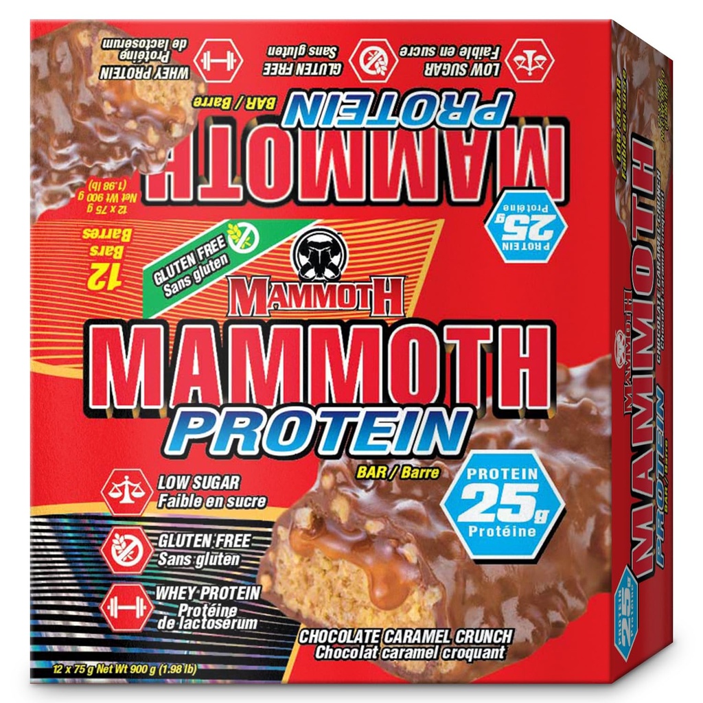 MAMMOTH Protein Bar, Chokolade Peanut Butter Crunch, 25g Protein, Low Sugar, Low Carb, Gluten Free, 12 x 65g (12 Greve) (Chokolade Peanut Butter Crunch) (12 Greve, Chokolade Caramel Crunch)