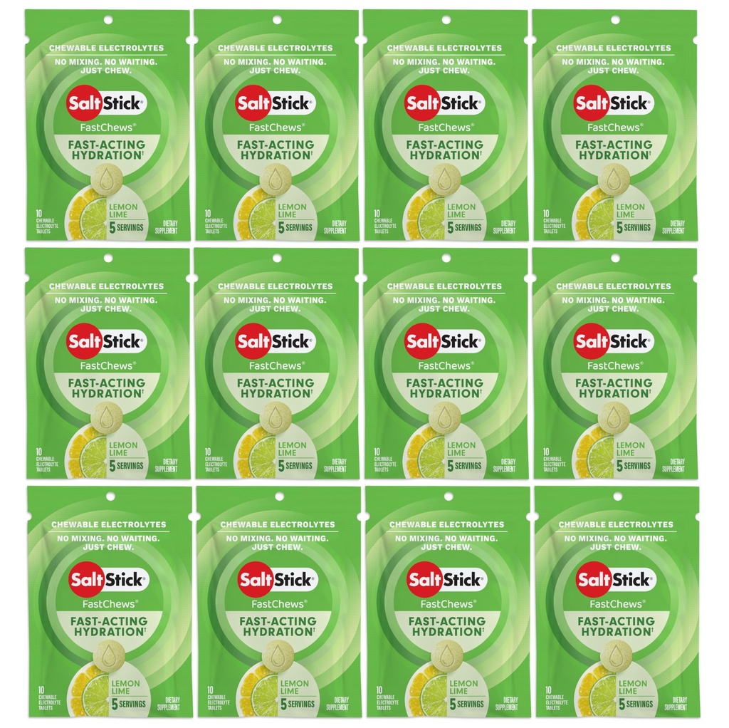SaltStick Elektrolyte FastChews tyggetabletter, Lemon Lime, 120 tæller, 12 pakker med 10 tabletter hver