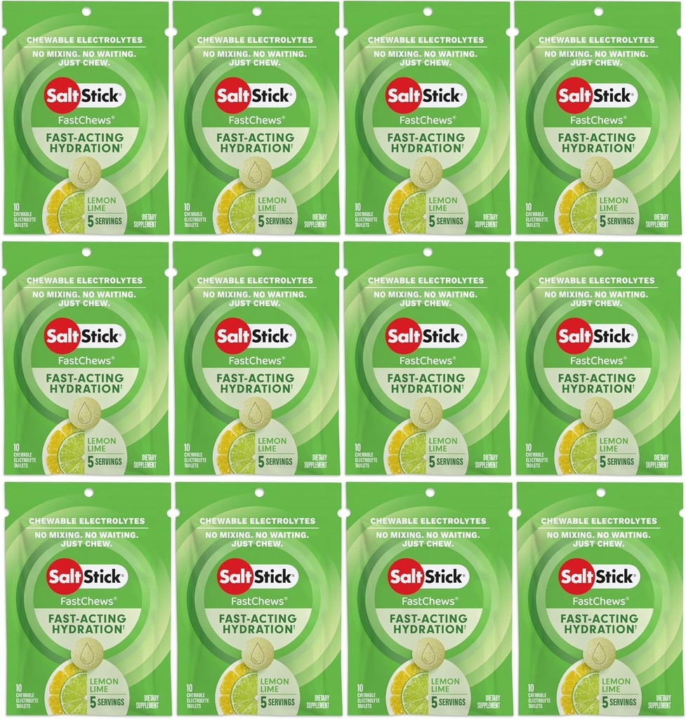 SaltStick Elektrolyte FastChews tyggetabletter, Lemon Lime, 120 tæller, 12 pakker med 10 tabletter hver