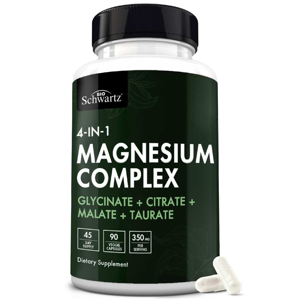 BioSchwartz Magnesium Complex supplement (90 kapsler) 350 mg Magnesium Glycinat Citrate Malat og Taurat Per servering for sunde nerver Muskler Heart Sleep Support (Vegan, Gluten- Free, Non- GMO)