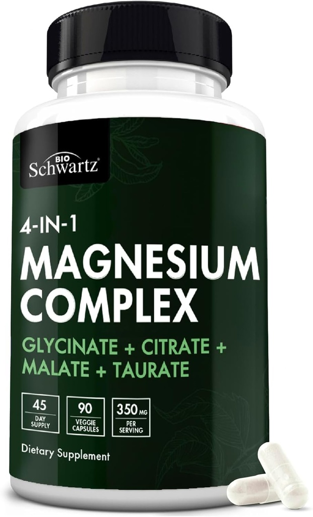 BioSchwartz Magnesium Complex supplement (90 kapsler) 350 mg Magnesium Glycinat Citrate Malat og Taurat Per servering for sunde nerver Muskler Heart Sleep Support (Vegan, Gluten- Free, Non- GMO)