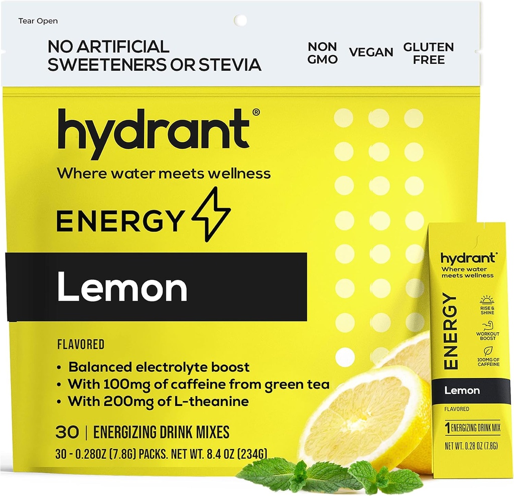 HYDRANT Energy Lemon Flavor 30 Stick Pack, Koffein & L- Theanin Rapid Hydration Mix, Electrolyte Hydration Powder Pakninger med zink