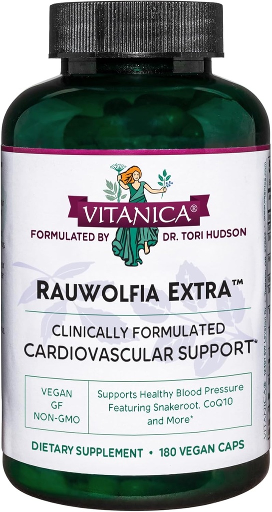 Vitanica Rauwolfia Extra - Heart Health Supplement - understøtter blodtryk allerede inden for et sundt område - tillæg med Magnesium, CoQ10 & Snakeroot - 180 Vegan Caps