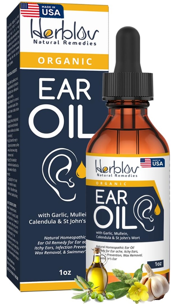 Organic Ear Oil for Ear Infektioner - Natural Eardrops for Infektion Prevention, Swimmers Ear & Wax Removal - Børn, Voksne, Baby, Hunde Earache Remedy - med Mullein, Hvidløg, Calendula, Made in USA