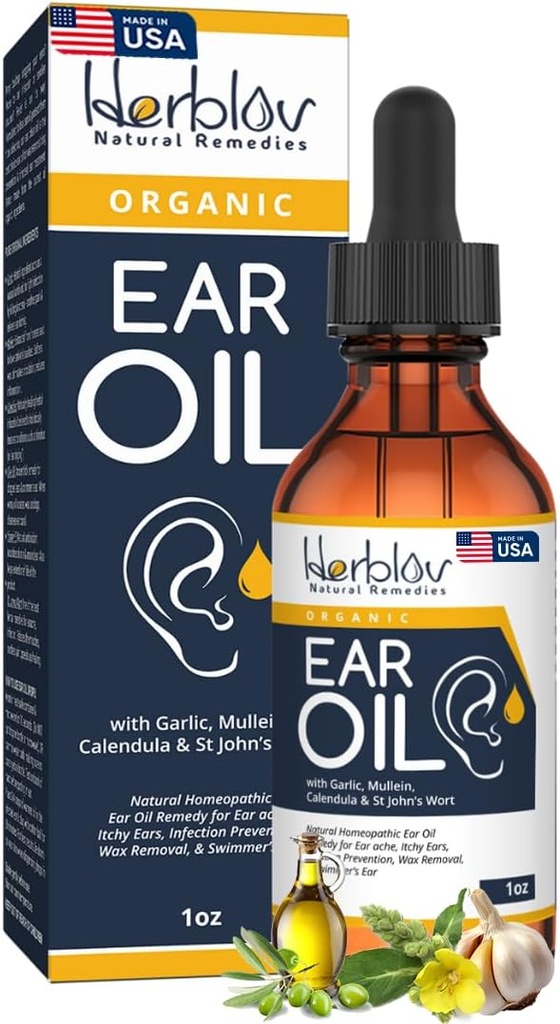Organic Ear Oil for Ear Infektioner - Natural Eardrops for Infektion Prevention, Swimmers Ear & Wax Removal - Børn, Voksne, Baby, Hunde Earache Remedy - med Mullein, Hvidløg, Calendula, Made in USA