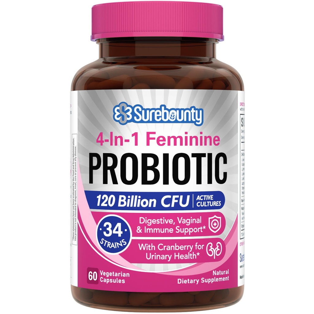 Probiotika til kvinder, 120 Millioner CFU 34 Strops, Prebiotika, fordøjelsesenzymer, tranebær, 4-in-1 Feminin Probiotika, fordøjelsesbesvær, vaginal, immunforsvar, 60ct