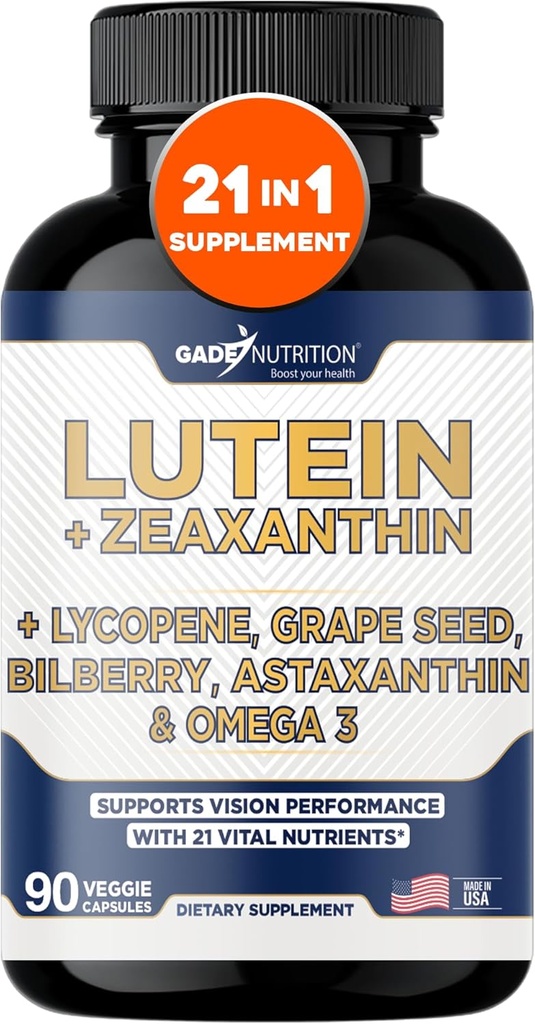 Gade Nutrition Lutein og Zeaxanthin Kosttilskud Note 124; Astaxanthin Eye Vitaminer med Omega 3, Resveratrol, Bilberry, Lycopene, Quercetin, Ginkgo Biloba, D-vitamin og mere øjenpleje Vitaminer og mineraler