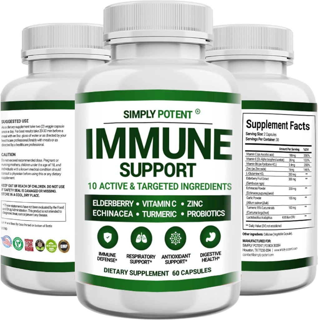 Immun Support, 10 i 1 Immunitet Booster Blend af Elderberry, C-vitamin, zink, Echinacea, gurkemeje, Probiotika & antioxidanter til immunforsvar, Luftveje og fordøjelsessygdomme, 60 piller