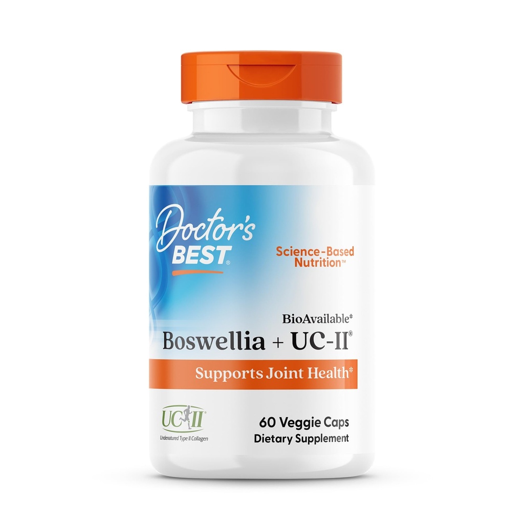 Doctor 's Best BioAvailable Boswellia + UC- II, Understøtter fælles sundhed, Non- GMO, Gluten Free, Soy Free 60 Veggie Caps