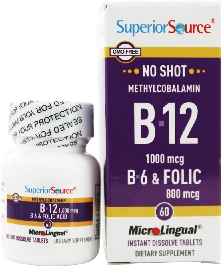 Superior Source - No Shot B12 Methylcobalamin 1000 mcg med B6 & folsyre 800 mcg. - 60 Quick Dissoltion Tablets