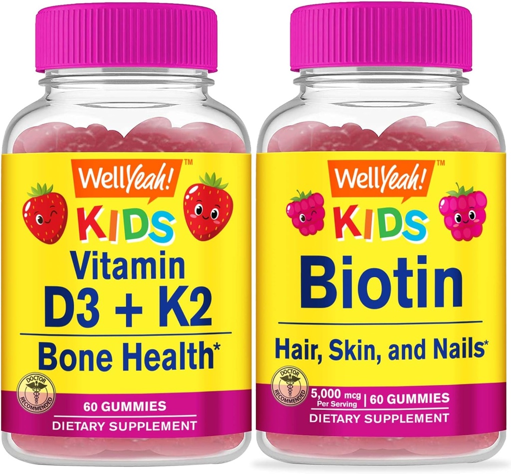 WellYeah Vitamin D3 + K2 Kids + Biotin Kids, Gummies Bundle - Great Tasting, Vitamin Supplement, Gluten Free, GMO Free, Chewable Gummy