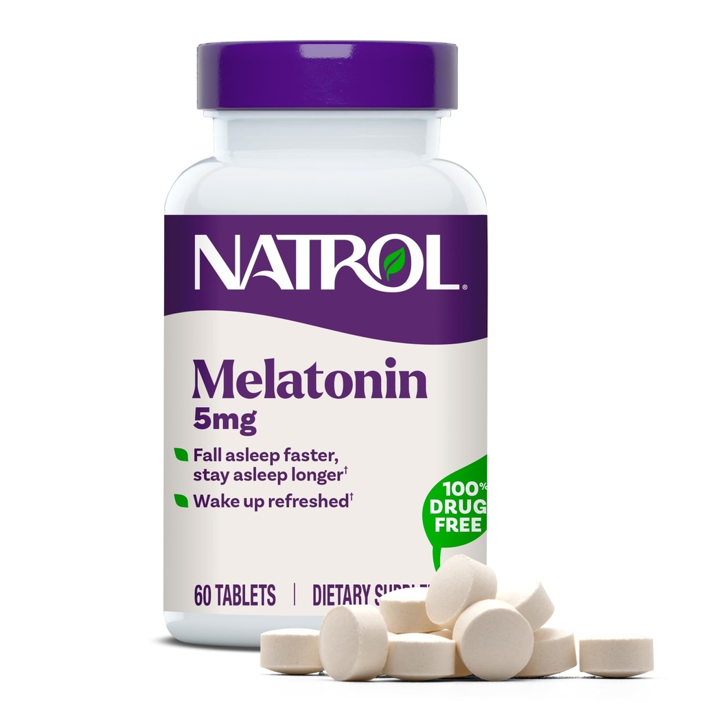 Natrol Melatonin 5 mg, Kosttilskud til afslappende søvn, sovetilskud til voksne, 60 Melatonin tabletter, 60 dages forsyning