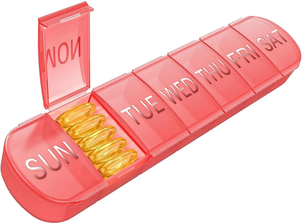 Ugentlig Pill Organizer 1 gang om dagen, Travel Pill Box 7 Dag Ekstra store kompartmenter Vitamin Holder, Daglig Pill Container 7dag XL Medicin Dispenser for Fish Oil Case (rød)