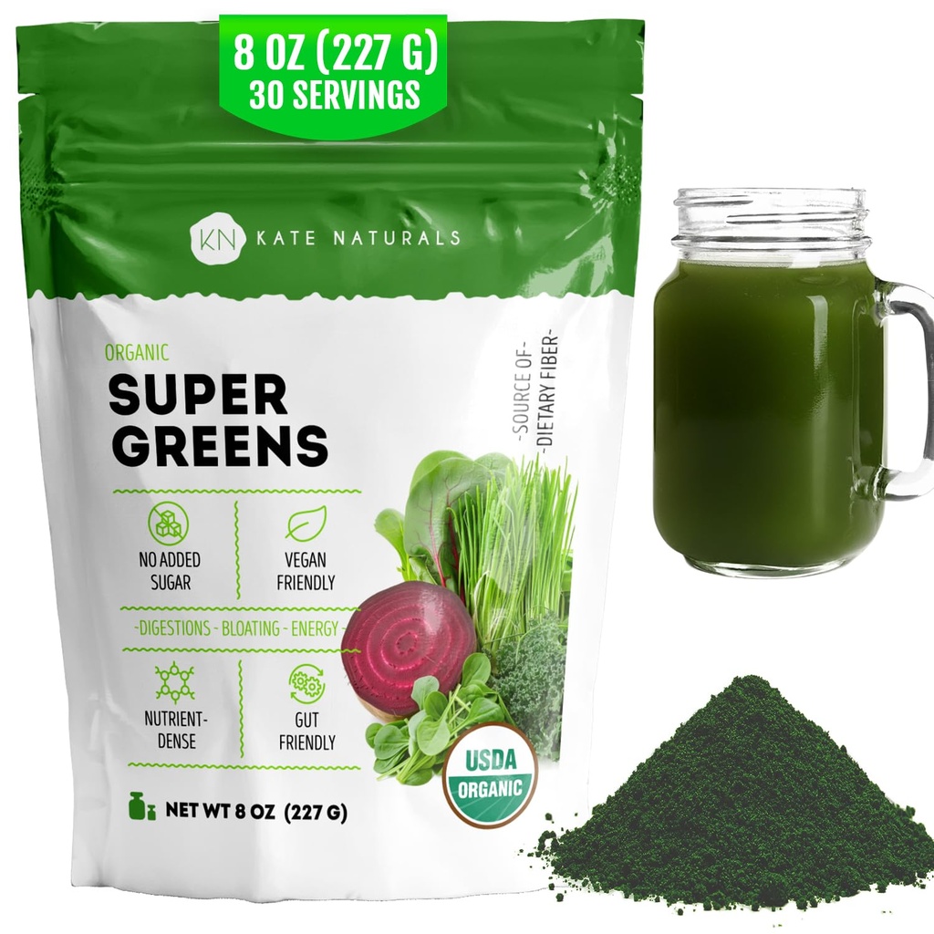 Kate Naturals Organic Super Green Powder. Daily Green Superfood Blend med Probiotika & Fiber til Smoothies og Juice (30 Servere, 8oz, Natural)