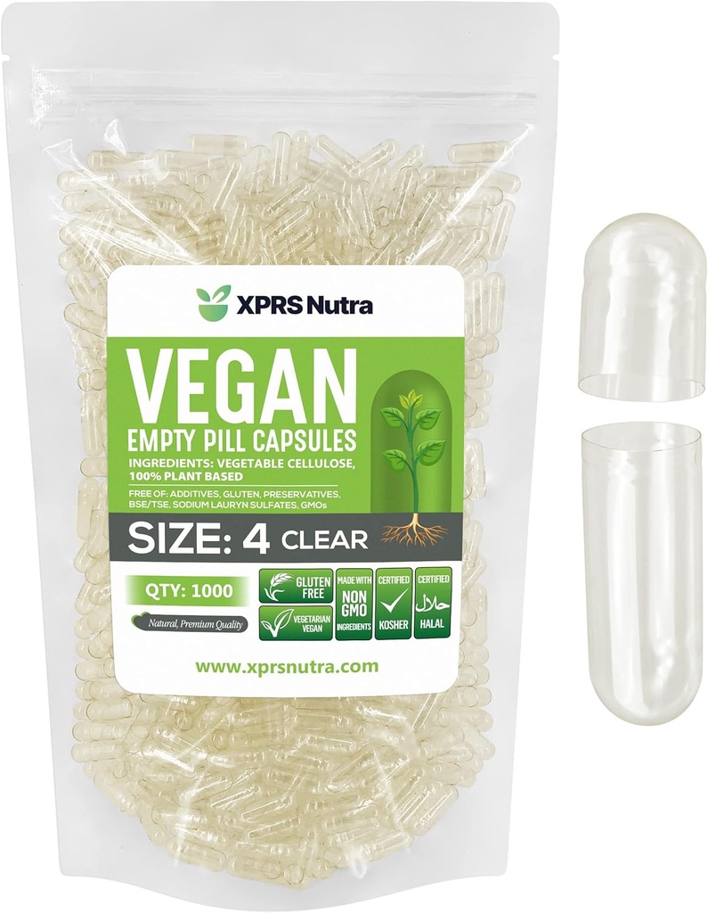 XPRS Nutra Størrelse 4 Tomme kapsler - 1000 Grev lille tom Vegansk Capsules - Vegetariske piller - selv vegetabilsk Capsule Fyldning - Fyldelig Do- It- Yourself Veggie Caps til kosttilskud