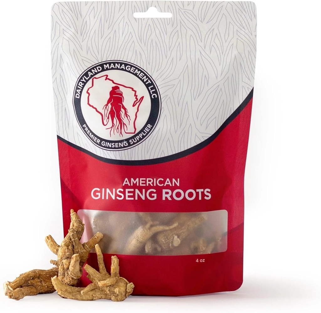 Dairyland American Ginseng Roots - 4 oz Pack of Wisconsin Ginseng Root - Autentiske amerikanske Ginseng - Non- GMO, Gluten Free Whole Ginseng - Brug denne herbal supplement i suppe, te, Congee