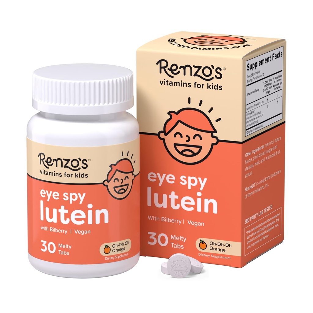 Renzo 's Eye Spy Lutein med Bilberry Extract, Opløselige Kids Vitaminer for Eye Health, Sugar- Gratis Kosttilskud, 30 Orange- Flavored Melty Tabs