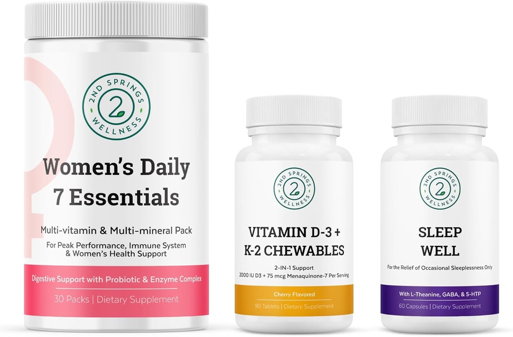 Kvindelige Daglige 7 Essentials, Vitamin D3 + K2 Chewables & Sleep Well Bundle