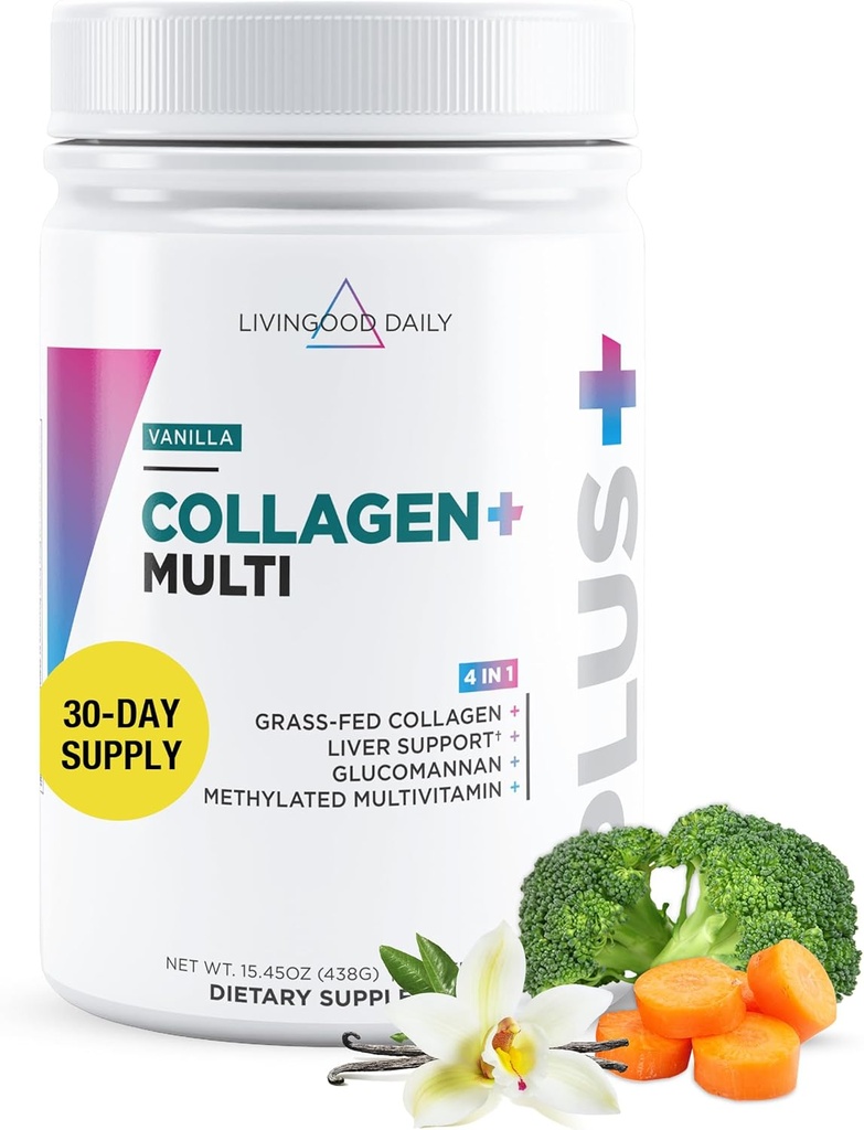 Livingood Daily Collagen Pulver til kvinder og mænd, Vanilla, Græs Fed Protein, Hydrolyzed Collagen Peptider med C-vitamin & Multi-Vitamin til hår, Hud, Negle & Gut Sundhed, Gluten Free, 30 Servere
