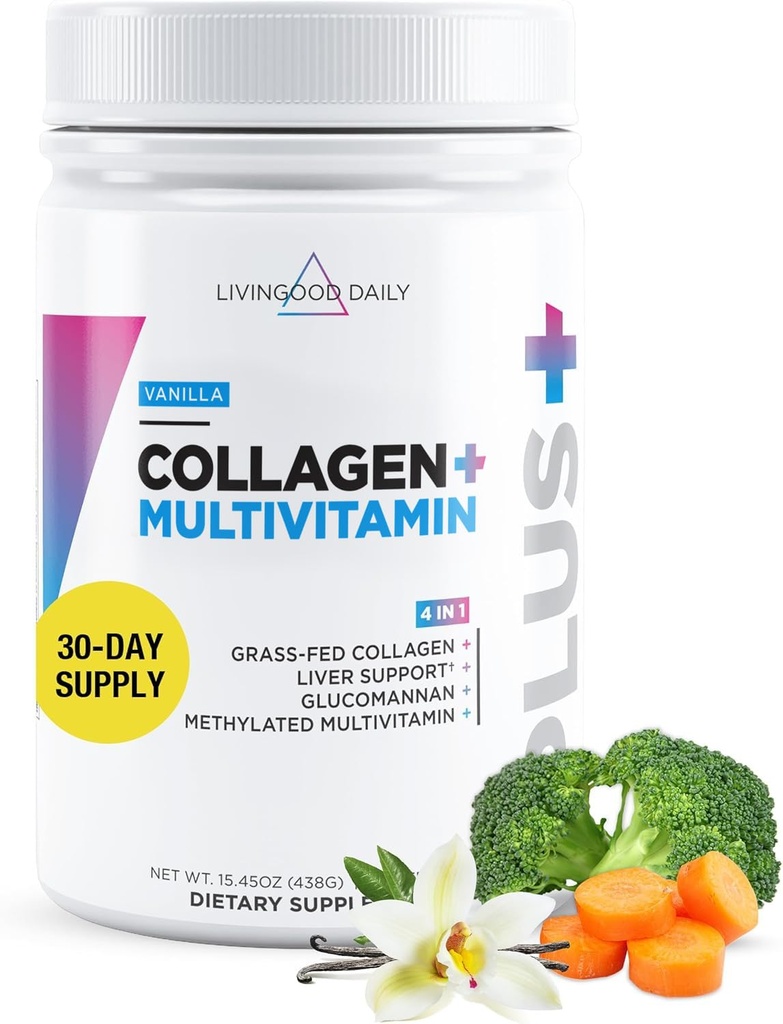 Livingood Daily Collagen Pulver til kvinder og mænd, Vanilla, Græs Fed Protein, Hydrolyzed Collagen Peptider med C-vitamin & Multi-Vitamin til hår, Hud, Negle & Gut Sundhed, Gluten Free, 30 Servere