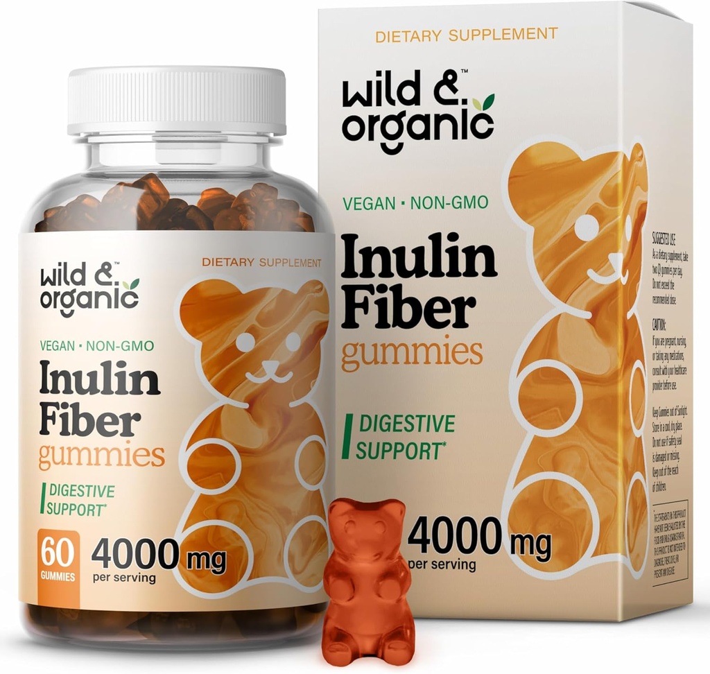 Wild & Organic Inulin Fiber Gummies 4000mg - Digestive Support w/Chicory Root - Soluble Fiber Supplement w/Inulin Powder - Prebiotics for Gut Support - 60 Prebiotic Gummies