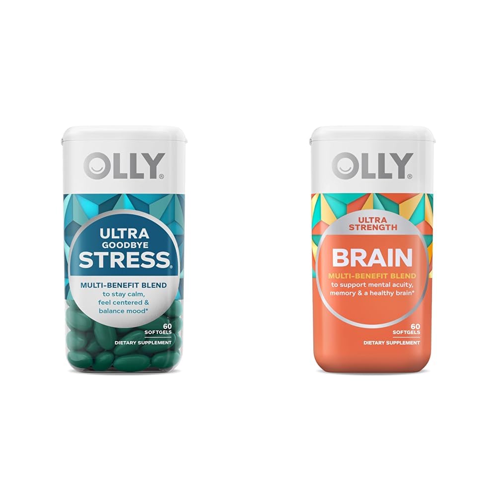 OLLY Ultra Styrke Farvel Stress Softgels, GABA, Ashwagandha, L-Theanine og Lemon Balm & Ultra Styrke Brain Softgels, Nootrop, understøtter sund hjerne funktion, hukommelse