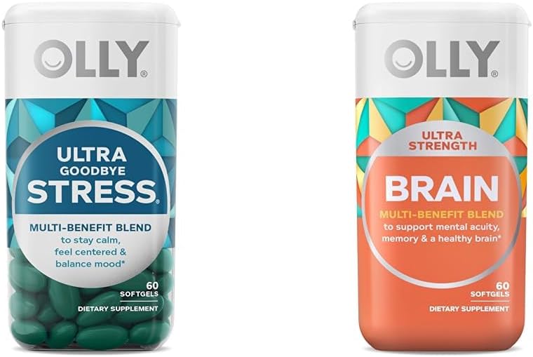 OLLY Ultra Styrke Farvel Stress Softgels, GABA, Ashwagandha, L-Theanine og Lemon Balm & Ultra Styrke Brain Softgels, Nootrop, understøtter sund hjerne funktion, hukommelse
