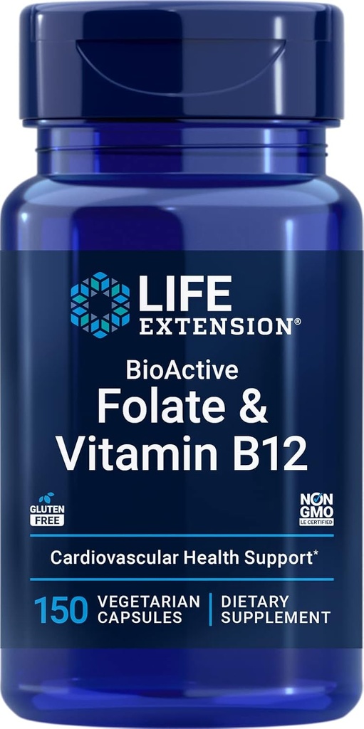 Life Extension BioActive Folate & Vitamin B12, 150 Vegetariske Kapsler - Ikke GMO, Gluten Free Supplement