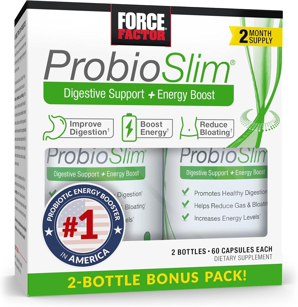 FORCE FACTOR ProbioSlim Probiotisk supplement til kvinder og mænd med probiotika og grøn te ekstrakt, Reducere gas, Bloating, Forstoppelse, Support fordøjelse og Gut sundhed, 120 kapsler (Twin Pack)