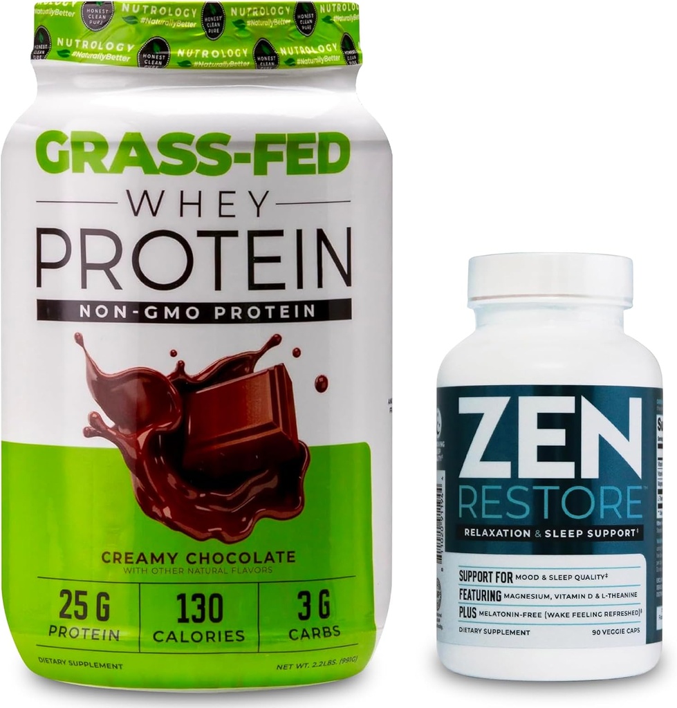 Nutrologi Grass Fed Whey Protein Powder, Understøtter Lean Muscle Recovery & Performance, Creamy Chokolade Flavor (28 Servere) Zen Natural Magnesium Supplement (30 Servere)