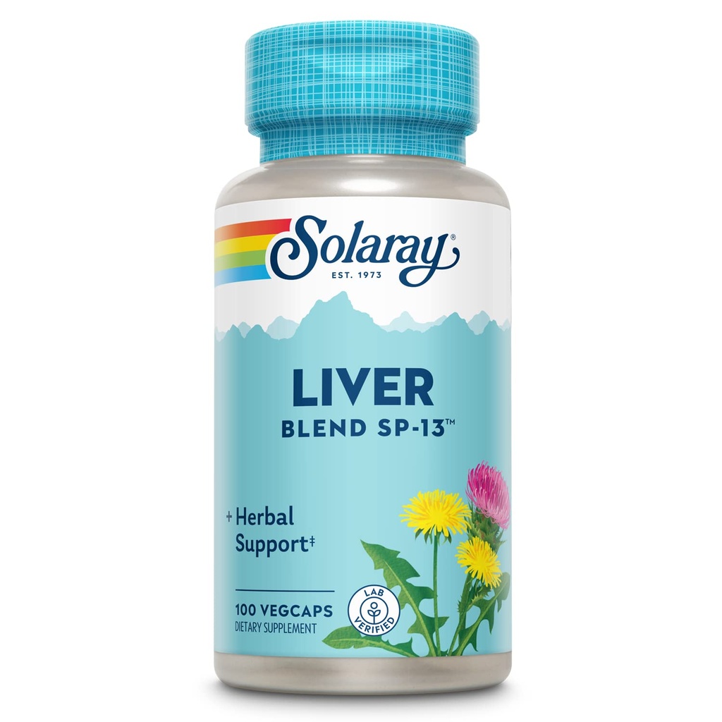 SOLARAY Lever Blend SP- 13 - Traditional Herbal Support with Milk Thistle Extract, Mælkebøtte Root, Burdock, Kelp, Pebermynte og Trace Minerals - 60- Day Garanti, 100 Servere, 100 VegCaps
