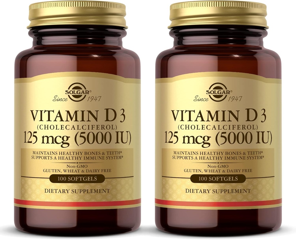 Solgar vitamin D3 (Cholecalciferol) 10 mcg (400 IE) - 100 Softgels, Pack of 2 - Hjælper med at bevare sunde knogler & tænder - immunsystem support - non-GMO, Gluten fri, Dairy Free - 200 Total Servering