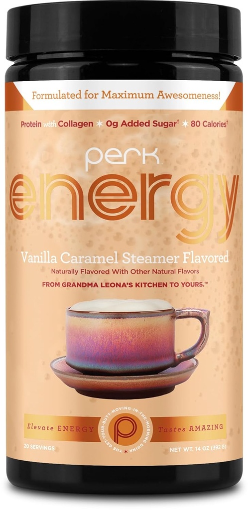 Perk Energy Original Vanilla Caramel Steamer Flavored Drink Powder (20 Servere) - Gluten- Free, Peanut- Free
