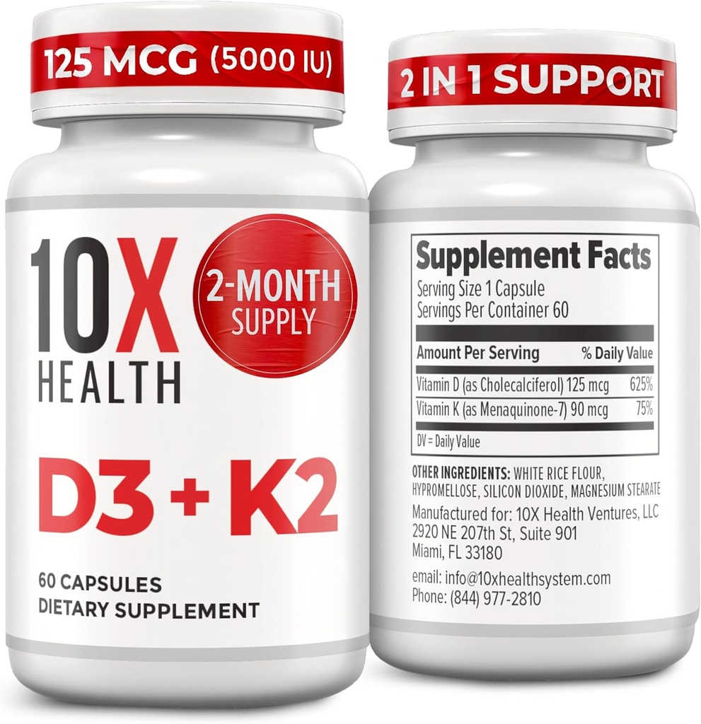 10X Health Vitamin D3 5000 IE & K2 MK7 - Menaquinon 7, højpotens D3 K2 Vitamin supplement til knoglerød, hjerte og tænder - 125 mcg Vitamin D & 90 mcg Vitamin K2- 60 kapsler