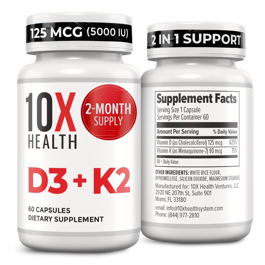 10X Health Vitamin D3 5000 IE & K2 MK7 - Menaquinon 7, højpotens D3 K2 Vitamin supplement til knoglerød, hjerte og tænder - 125 mcg Vitamin D & 90 mcg Vitamin K2- 60 kapsler