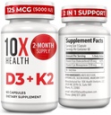 10X Health Vitamin D3 5000 IE & K2 MK7 - Menaquinon 7, højpotens D3 K2 Vitamin supplement til knoglerød, hjerte og tænder - 125 mcg Vitamin D & 90 mcg Vitamin K2- 60 kapsler