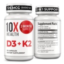 10X Health Vitamin D3 5000 IE & K2 MK7 - Menaquinon 7, højpotens D3 K2 Vitamin supplement til knoglerød, hjerte og tænder - 125 mcg Vitamin D & 90 mcg Vitamin K2- 60 kapsler