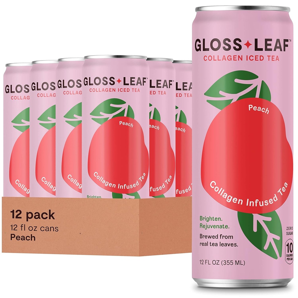 Gloss Leaf Collagen Iced Tea (Zero- Sugar, Peach): Brygget Sort Tea med Collagen Peptider Protein & C-vitamin, Skønhed & Anti- Aging, 12 Fl Oz, 12 Pack