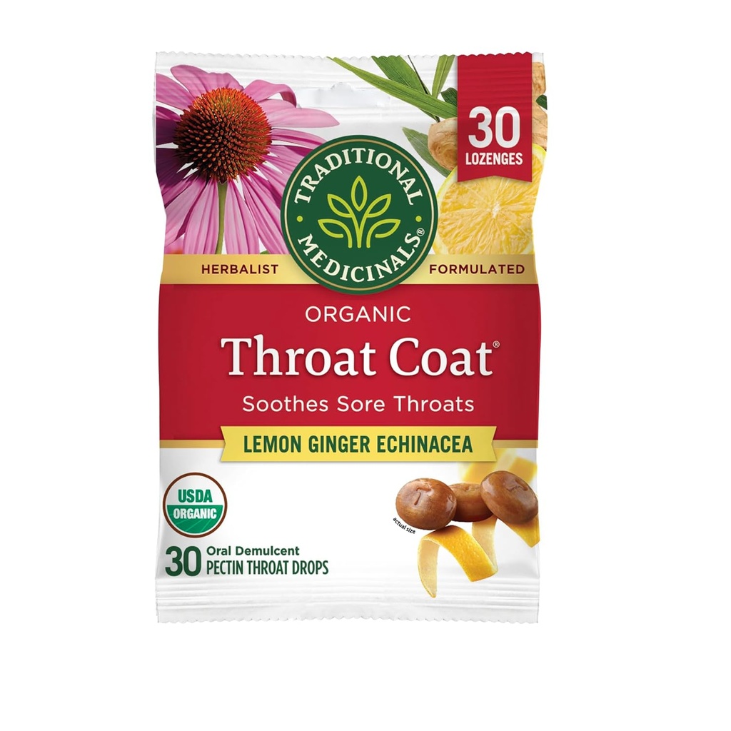 Traditionelle Medicinals Lozenges, Organic Thromat Coat Lemon Ginger Echinacea, Sore Thromat Support, 30 individuelt indpakket Lozenges