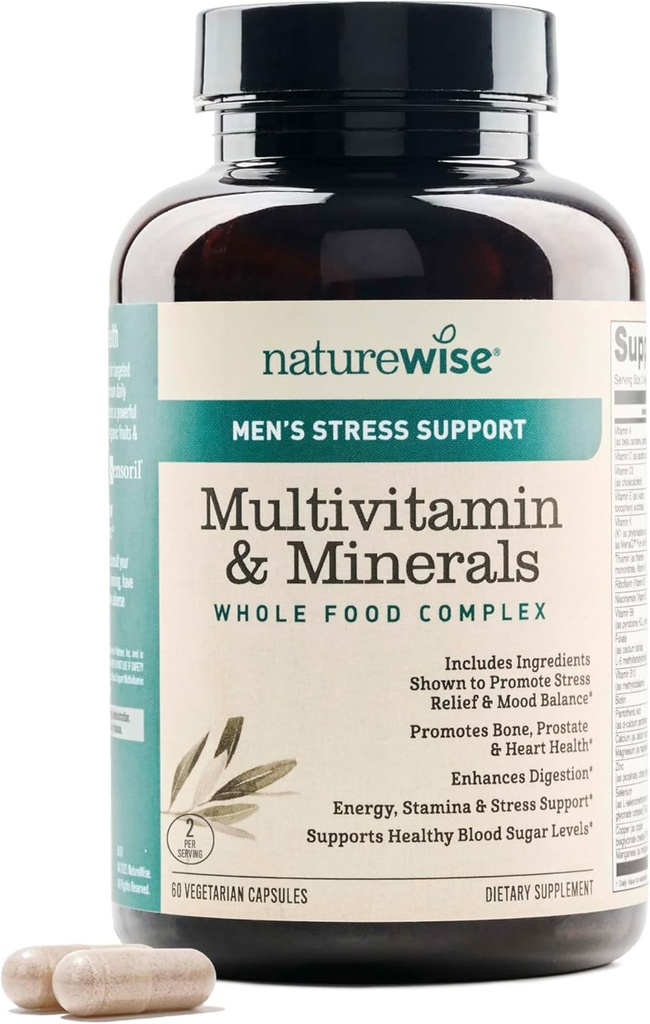 NatureWise Multivitamin til mænd + Stress Support + Fulvic Ionic Minerals + Probiotika til Immunitet, mandlig sundhed, fordøjelse + hele økologiske fødevarer - Vegetarisk, ikke-GMO - 60 kapsler [1-måned Tilgang]