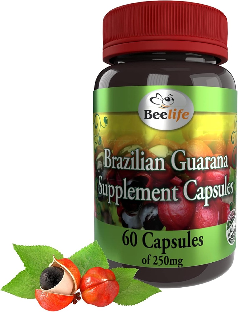 Beelife Brasilianske Guarana Kapsler - Naturlig Koffein Kosttilskud fra Brasilien - Energi & Mental Focus, Muscle Strength Support - Zero Gluten, Ingen sukker før træning for mænd og kvinder - 250 mg 60 Caps