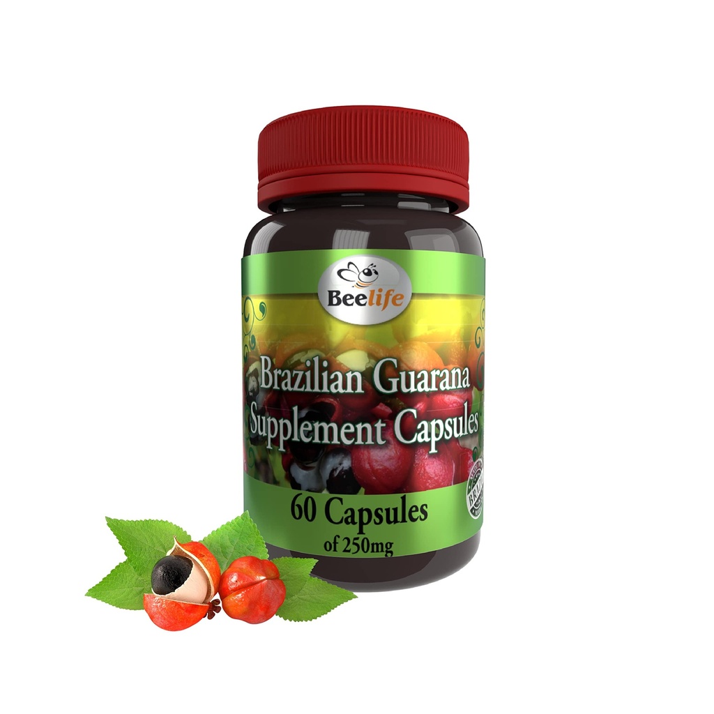 Beelife Brasilianske Guarana Kapsler - Naturlig Koffein Kosttilskud fra Brasilien - Energi & Mental Focus, Muscle Strength Support - Zero Gluten, Ingen sukker før træning for mænd og kvinder - 250 mg 60 Caps