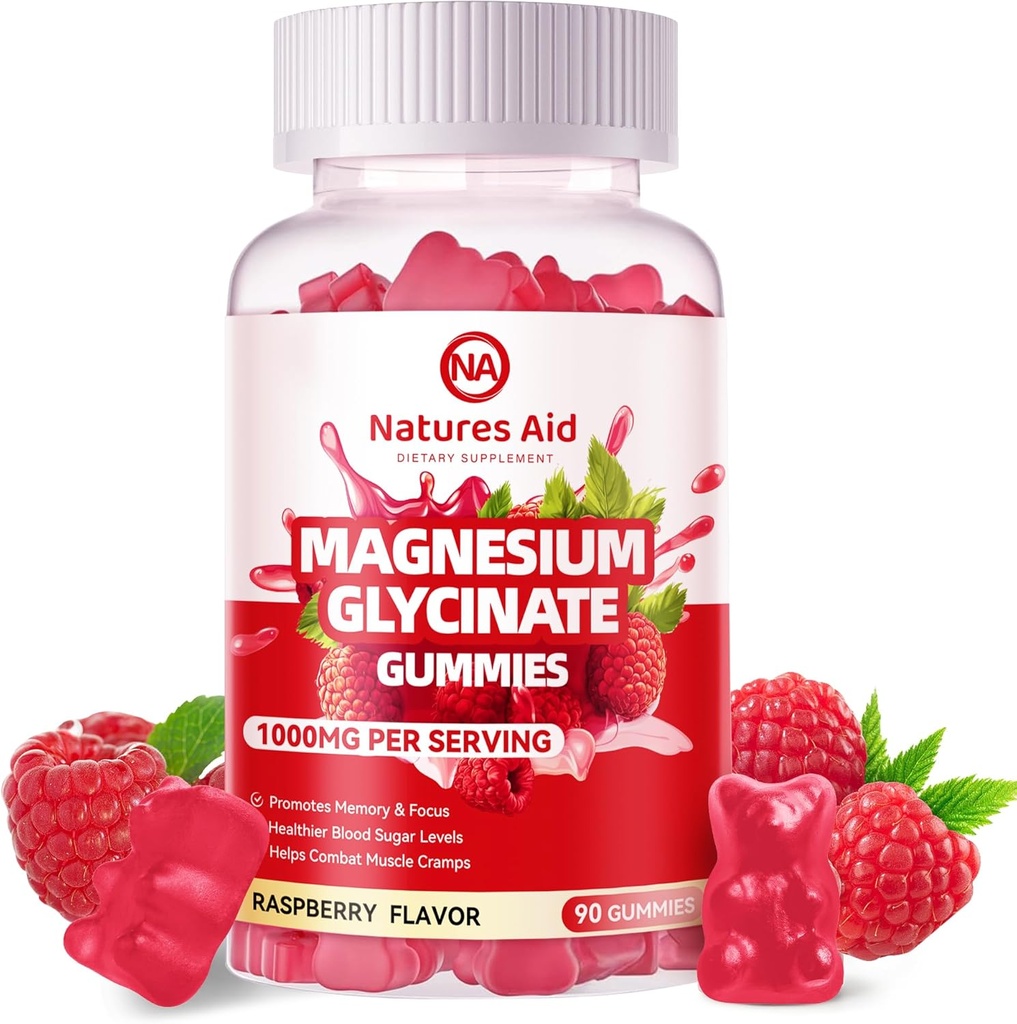 Magnesium Glycinate Gummies 1000mg - Sugar Free Magnesium Kalium Supplement med D-vitamin, B6, CoQ10 for rolig Mood & Sleep Support - 90 Raspberry Gummies.